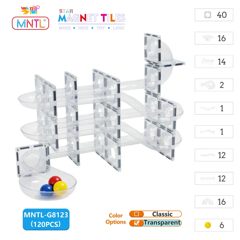 Transparent MNTL magnetic marble-run pieces